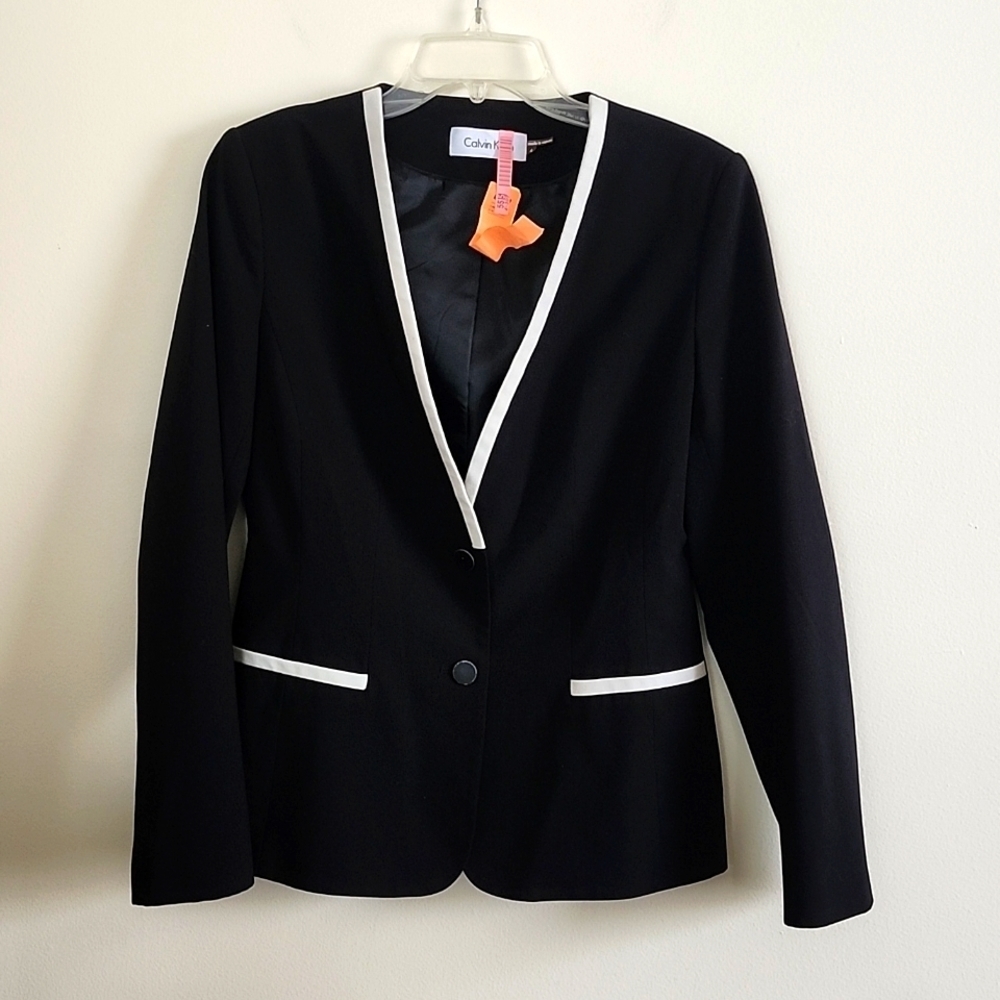 Calvin Klein black and white two button, career blazer, collarless, stretch.